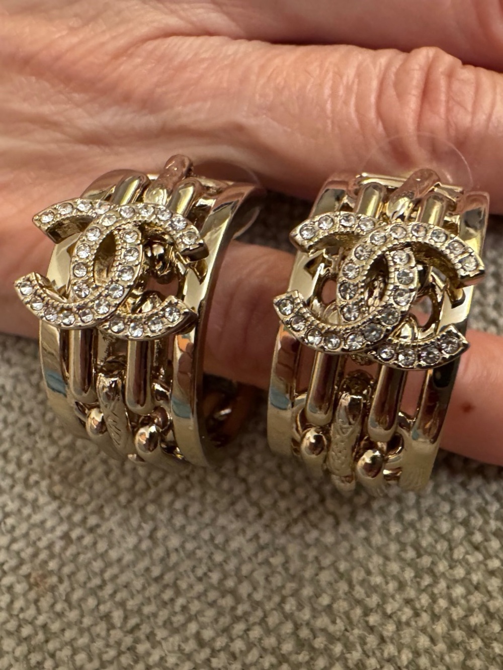 Super Rare New Classic Chanel CC Logo Crystal & Gold Plated Small Hoop Earrings